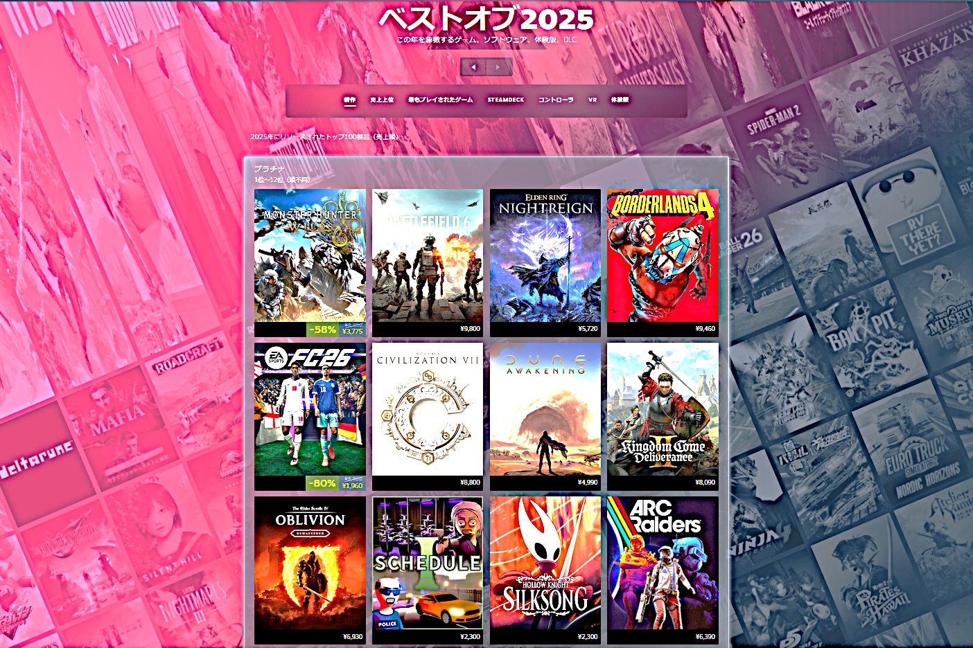 記録的なタイトルが並んだSteamの2025年新作PCゲームランキング